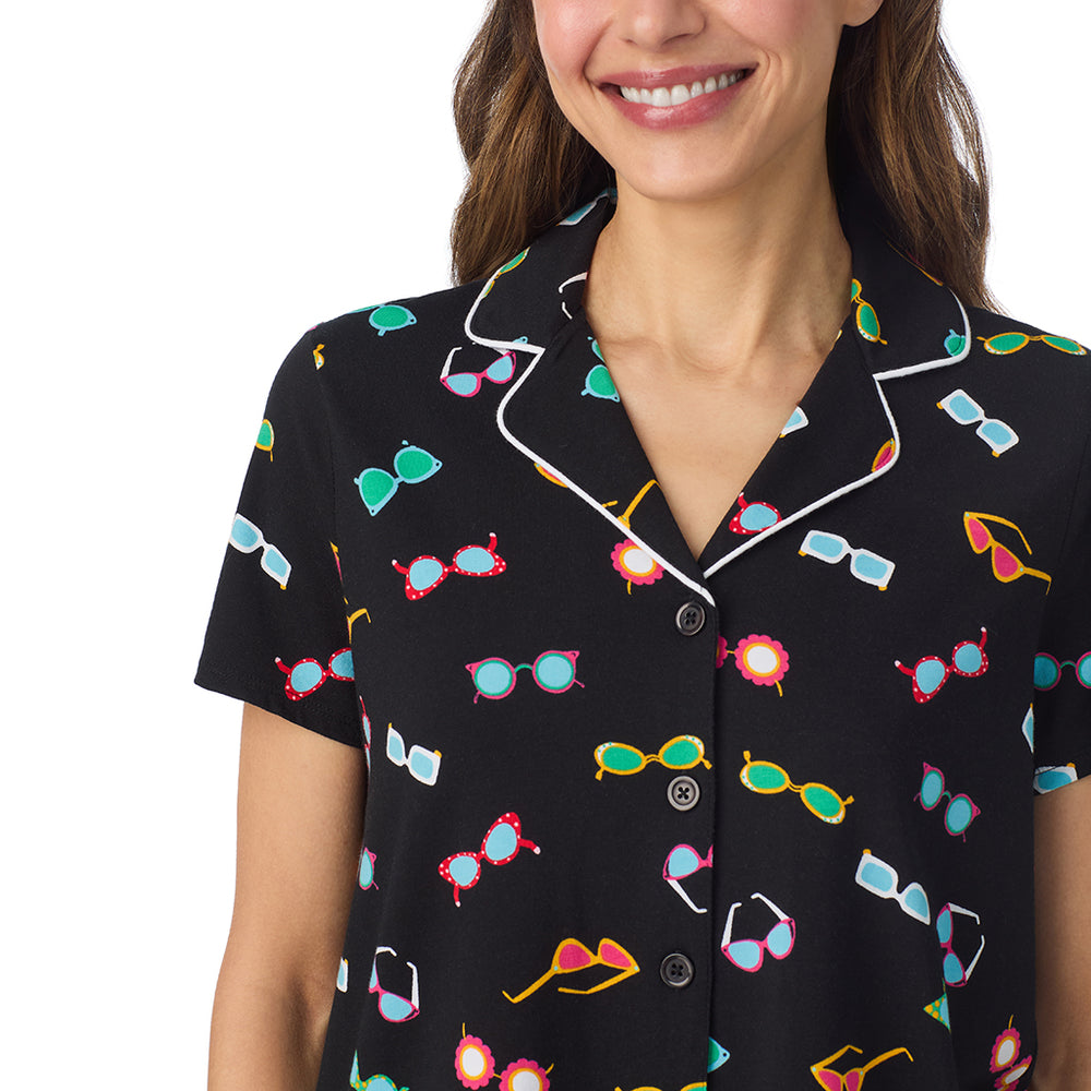 A lady wearing Cotton-Blend Short Sleeve Notch Collar with Short 2-Pc Pajama Set in Black Sunglasses posing close up detail view pose