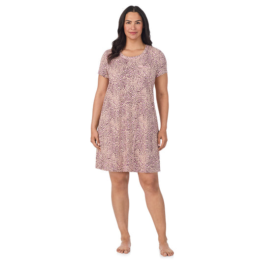 A lady wearing a Leopard Animal Cotton Rich Short Sleeve Sleepshirt PLUS