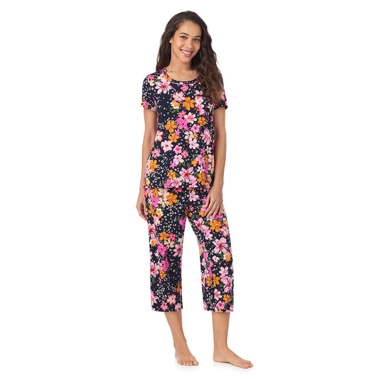 A lady wearing a Big Floral Cotton Rich Short Sleeve Top with Cropped Pant Pajama Set