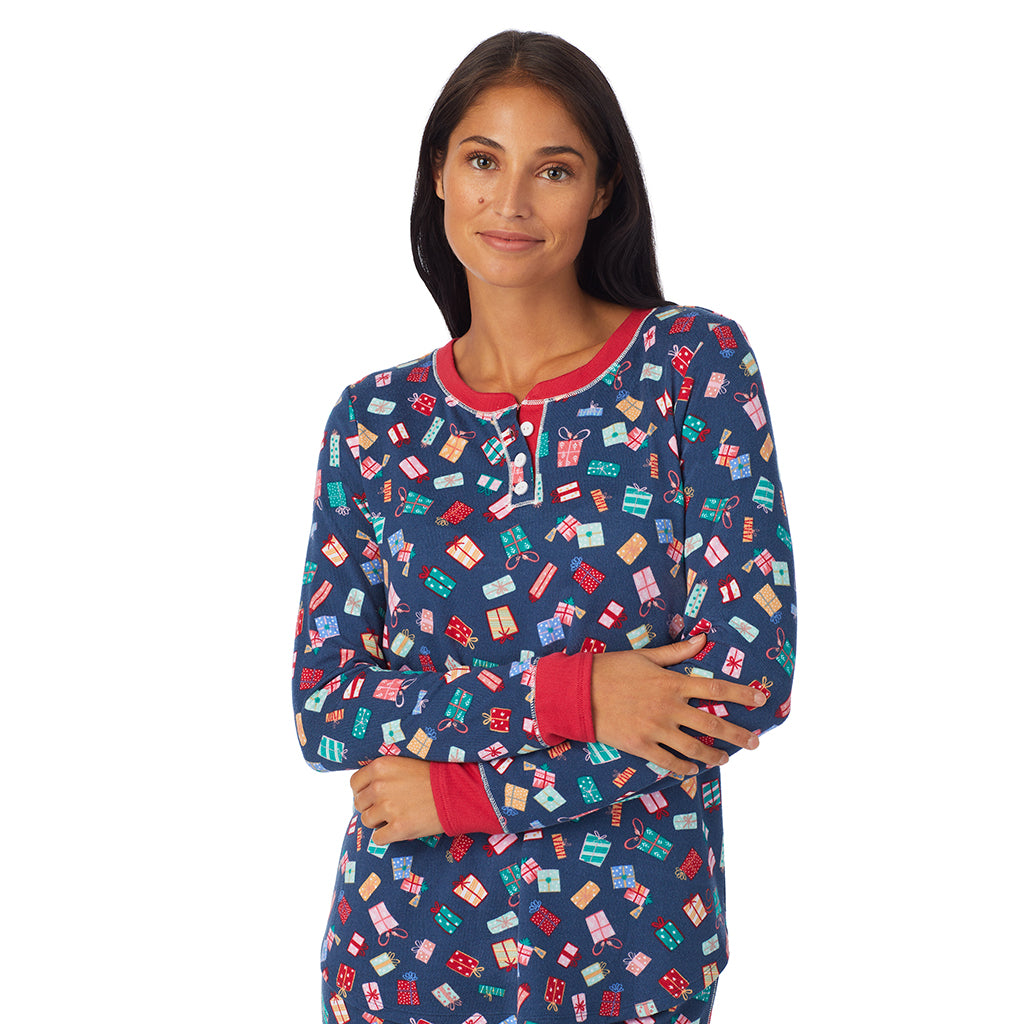 Gifts; Model is wearing size S. She is 5'8.5", Bust 32", Waist 25", Hips 36".@A lady wearing Gifts Long Sleeve Henley Pajama Set