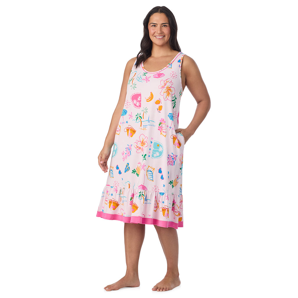 Pink Summer Scene; Model is wearing size 1X. She is 5'10", Bust 40", Waist 33", Hips 47". @ A Plus size lady wearing Cotton-Blend Sleeveless Sleep Midi-Gown PLUS in Pink Summer Scene posing front view pose