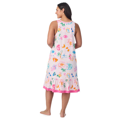  A Plus size lady wearing Cotton-Blend Sleeveless Sleep Midi-Gown PLUS in Pink Summer Scene posing back view pose