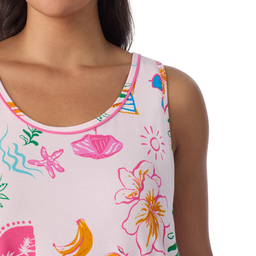 A Plus size lady wearing Cotton-Blend Sleeveless Sleep Midi-Gown PLUS in Pink Summer Scene posing detail close up view pose