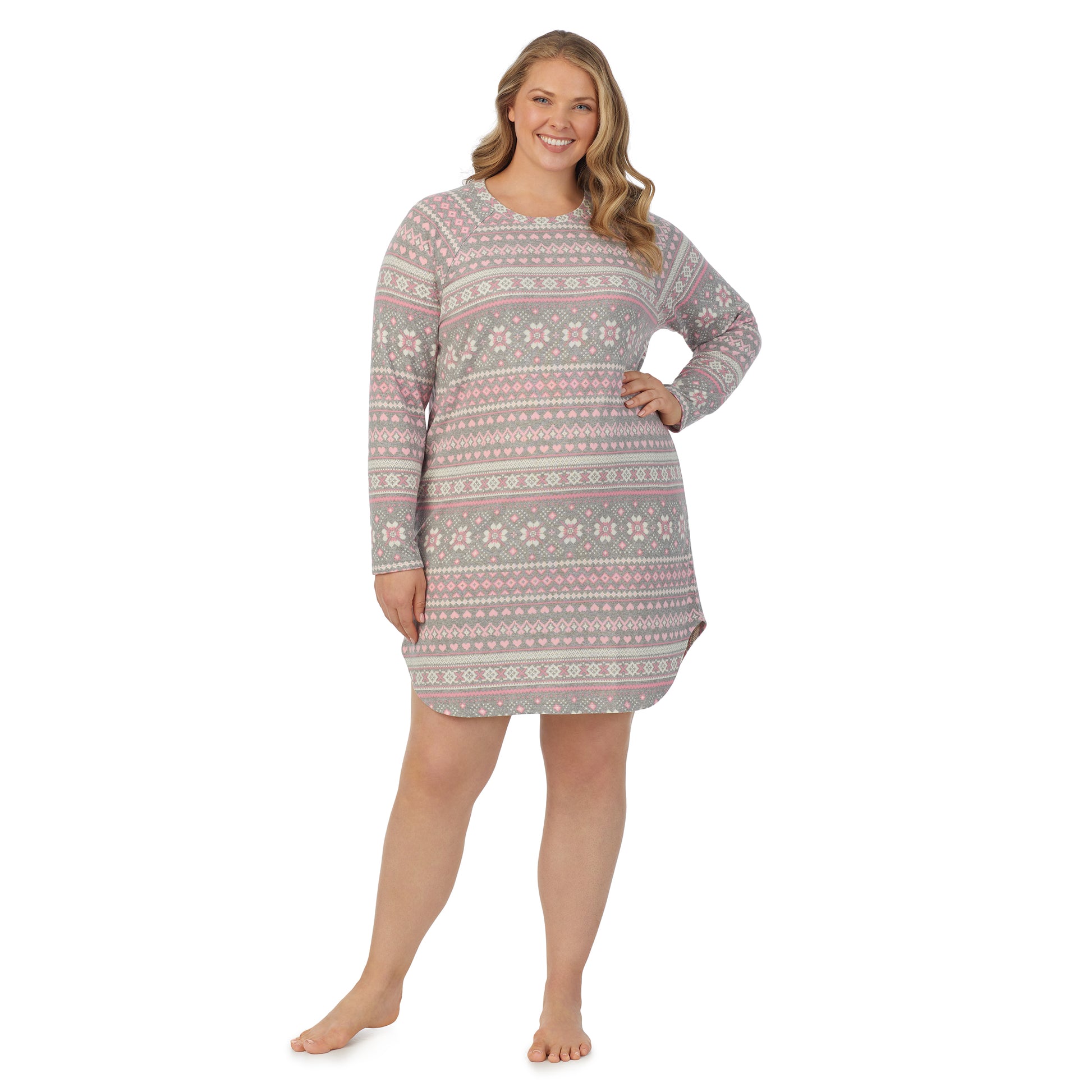 A lady wearing grey pink fairisle long sleeve brushed sweater knit plus sleepshirt.