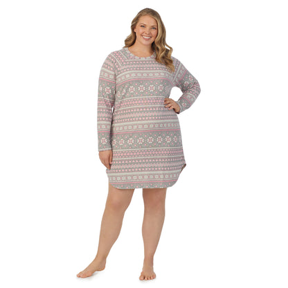 Grey Pink Fairisle;Model is wearing size 1X. She is 5'10", Bust 42.5", Waist 36", Hips 51".@A lady wearing grey pink fairisle long sleeve brushed sweater knit plus sleepshirt.