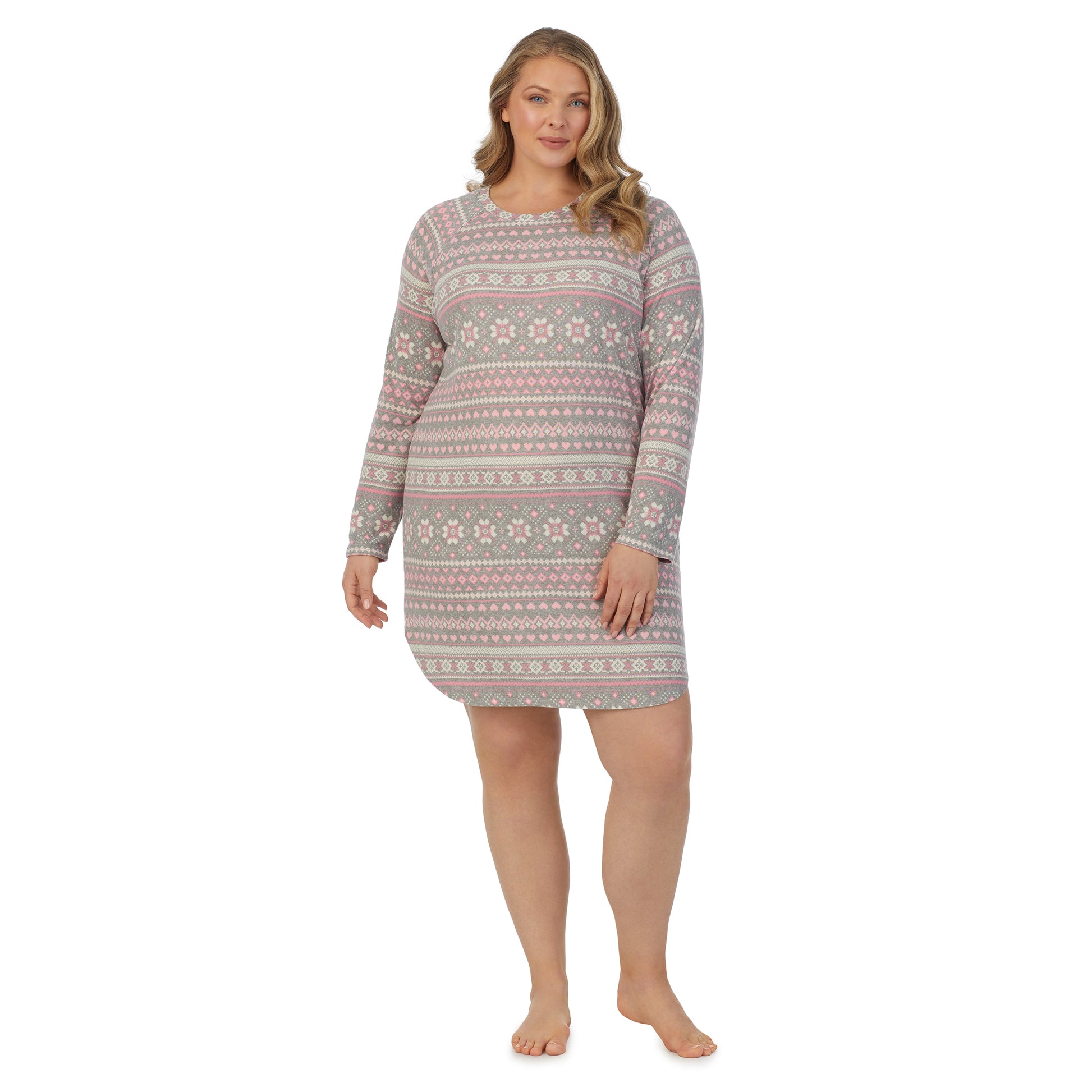 A lady wearing grey pink fairisle long sleeve brushed sweater knit plus sleepshirt.