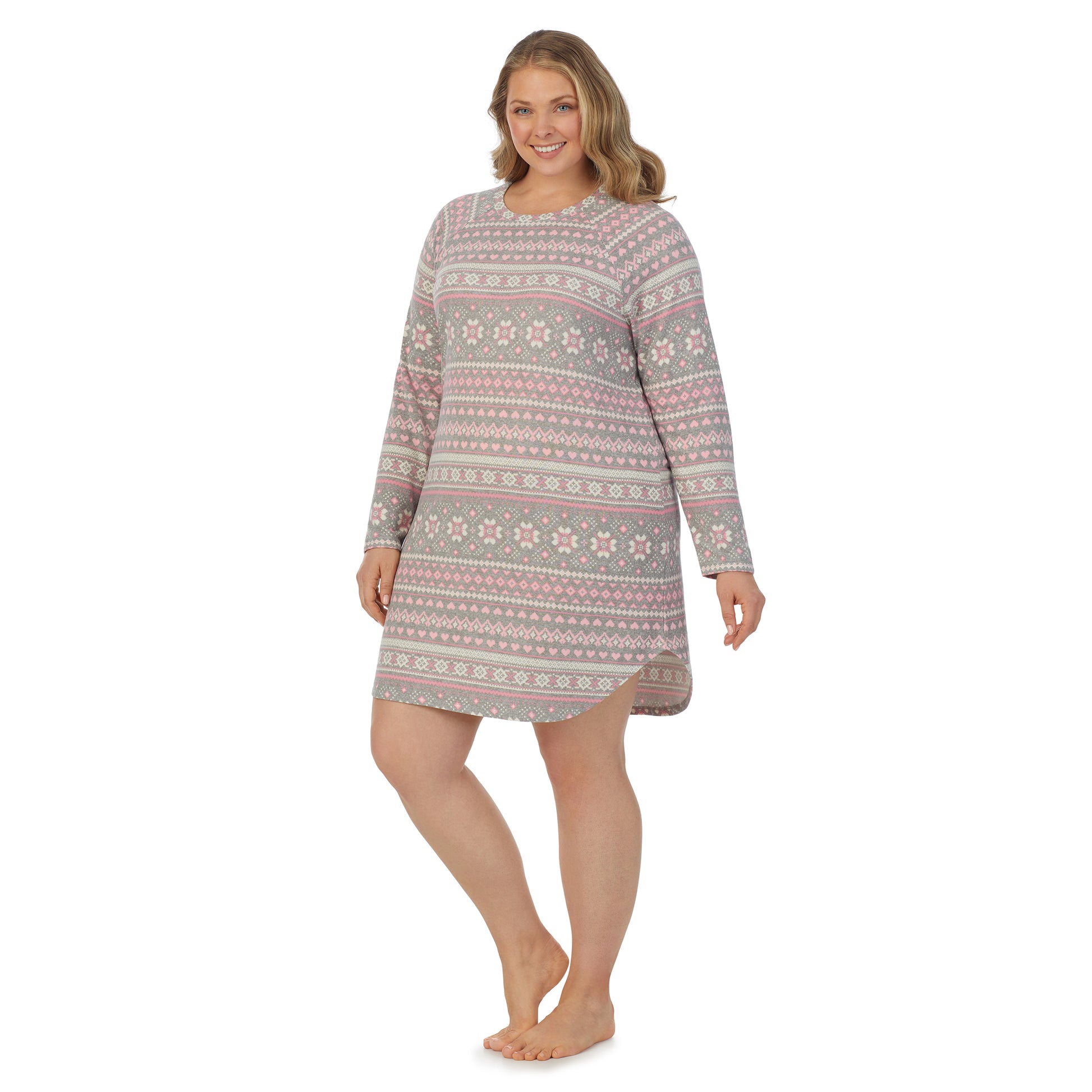 A lady wearing grey pink fairisle long sleeve brushed sweater knit plus sleepshirt.