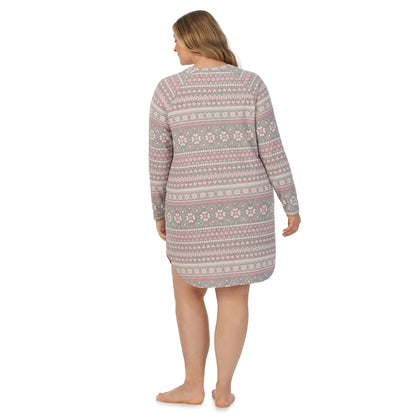 Grey Pink Fairisle;Model is wearing size 1X. She is 5'10", Bust 42.5", Waist 36", Hips 51".@A lady wearing grey pink fairisle long sleeve brushed sweater knit plus sleepshirt.