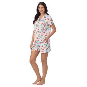  A lady wearing Cotton-Blend Short Sleeve Notch Collar with Short 2-Pc Pajama Set in Summer Landscape posing side angle view pose