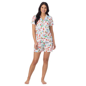  A lady wearing Cotton-Blend Short Sleeve Notch Collar with Short 2-Pc Pajama Set in Summer Landscape posing front view pose