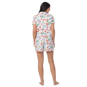  A lady wearing Cotton-Blend Short Sleeve Notch Collar with Short 2-Pc Pajama Set in Summer Landscape posing back view pose