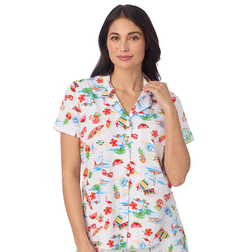 A lady wearing Cotton-Blend Short Sleeve Notch Collar with Short 2-Pc Pajama Set in Summer Landscape posing close up view pose