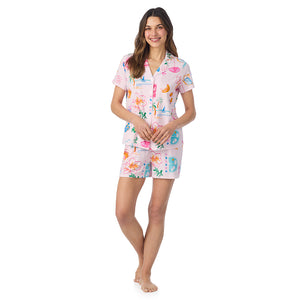  A lady wearing Cotton-Blend Short Sleeve Notch Collar with Short 2-Pc Pajama Set in Pink Summer Scene posing front view pose