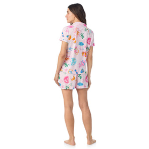  A lady wearing Cotton-Blend Short Sleeve Notch Collar with Short 2-Pc Pajama Set in Pink Summer Scene posing back view pose
