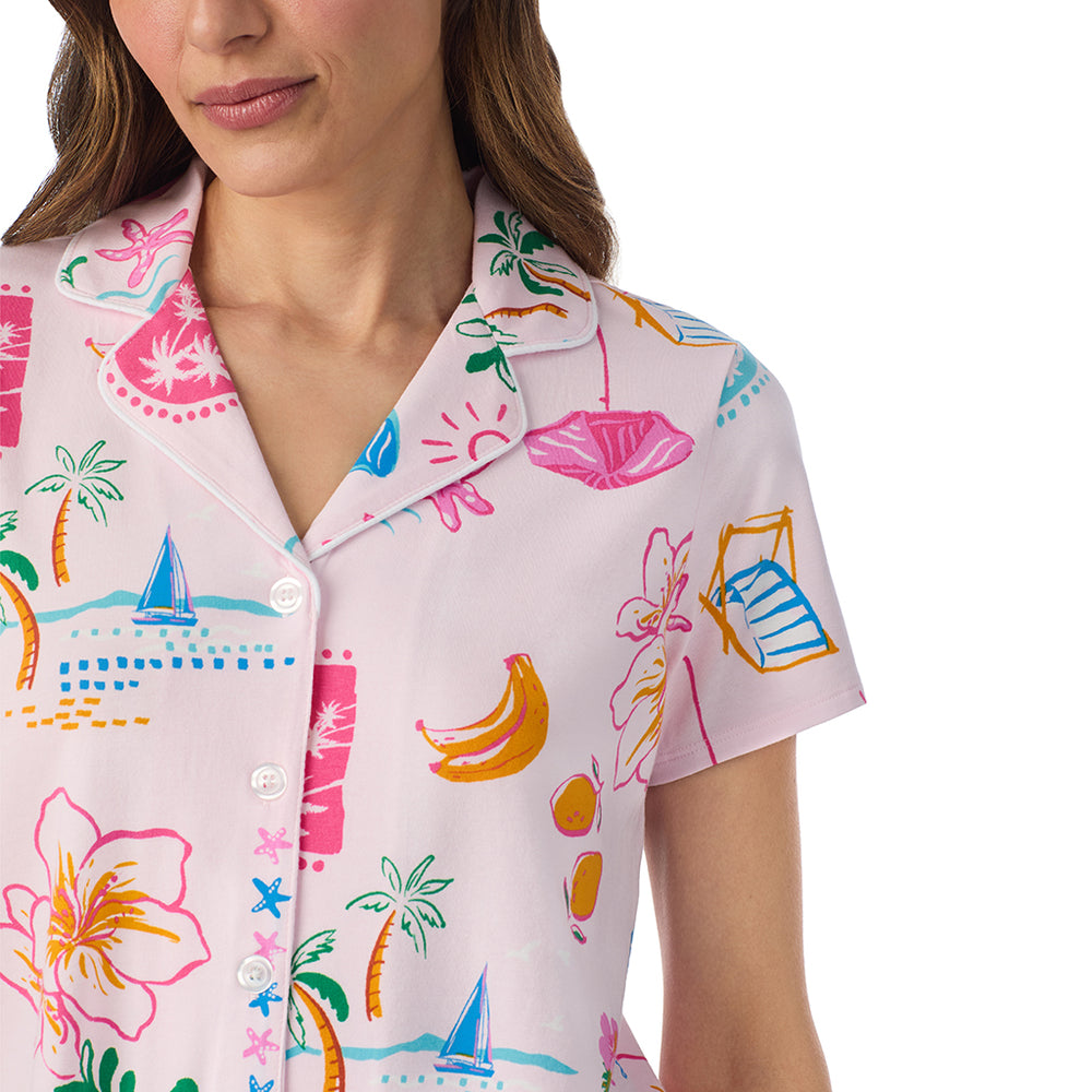 A lady wearing Cotton-Blend Short Sleeve Notch Collar with Short 2-Pc Pajama Set in Pink Summer Scene posing close up detail view pose