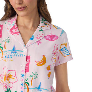  A lady wearing Cotton-Blend Short Sleeve Notch Collar with Short 2-Pc Pajama Set in Pink Summer Scene posing close up detail view pose