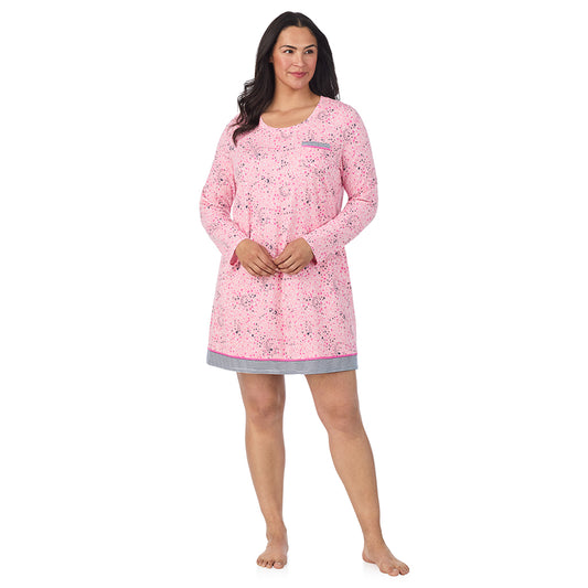 A lady wearing a Pink Celestial Cotton Rich Long Sleeve Sleepshirt PLUS