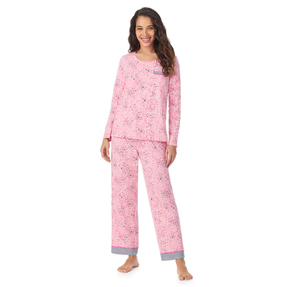 A lady wearing a Pink Celestial Cotton Rich Long Sleeve Top with Pant Pajama Set