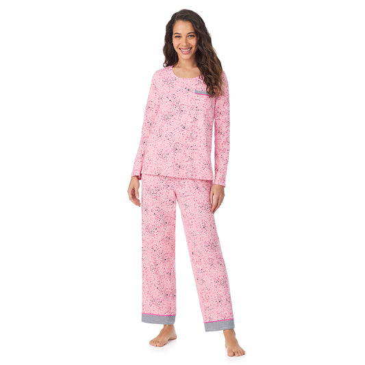 A lady wearing a Pink Celestial Cotton Rich Long Sleeve Top with Pant Pajama Set