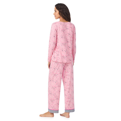 Pink Celestial; Model is wearing size S. She is 5’9”, Bust 34”, Waist 23”, Hips 35”.@A lady wearing a Pink Celestial Cotton Rich Long Sleeve Top with Pant Pajama Set