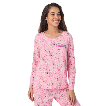 Pink Celestial; Model is wearing size S. She is 5’9”, Bust 34”, Waist 23”, Hips 35”.@A lady wearing a Pink Celestial Cotton Rich Long Sleeve Top with Pant Pajama Set