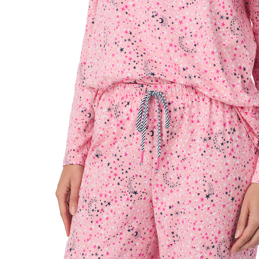 A lady wearing a Pink Celestial Cotton Rich Long Sleeve Top with Pant Pajama Set