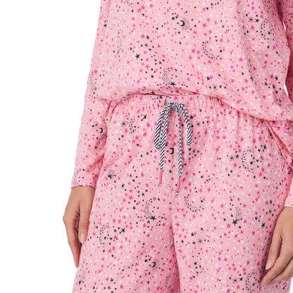 Pink Celestial; Model is wearing size S. She is 5’9”, Bust 34”, Waist 23”, Hips 35”.@A lady wearing a Pink Celestial Cotton Rich Long Sleeve Top with Pant Pajama Set