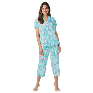  A lady wearing Cotton-Blend Short Sleeve Notch Collar with Cropped Pant Pajama Set in Teal Heart Animal posing front view pose