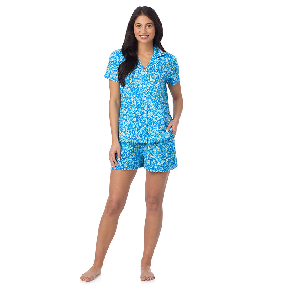 A lady wearing Cotton-Blend Short Sleeve Notch Collar with Short 2-Pc Pajama Set in Blue Ditsy posing front view pose