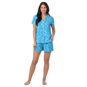  A lady wearing Cotton-Blend Short Sleeve Notch Collar with Short 2-Pc Pajama Set in Blue Ditsy posing front view pose