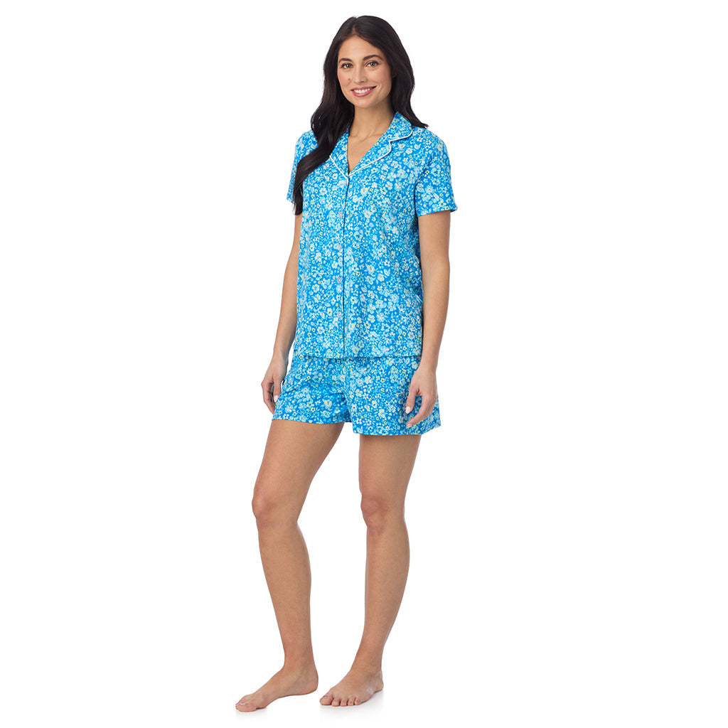 Blue Ditsy; Model is wearing size S. She is 5’9”, Bust 34”, Waist 25.5”, Hips 36.5”. @ A lady wearing Cotton-Blend Short Sleeve Notch Collar with Short 2-Pc Pajama Set in Blue Ditsy posing front view pose