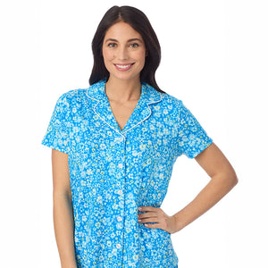  A lady wearing Cotton-Blend Short Sleeve Notch Collar with Short 2-Pc Pajama Set in Blue Ditsy posing close up view pose