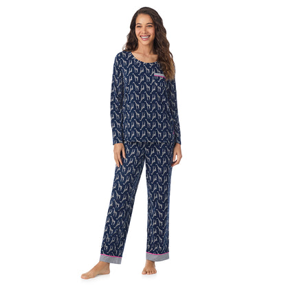 Giraffe; Model is wearing size S. She is 5’9”, Bust 34”, Waist 23”, Hips 35”.@A lady wearing a Giraffe Cotton Rich Long Sleeve Top with Pant Pajama Set