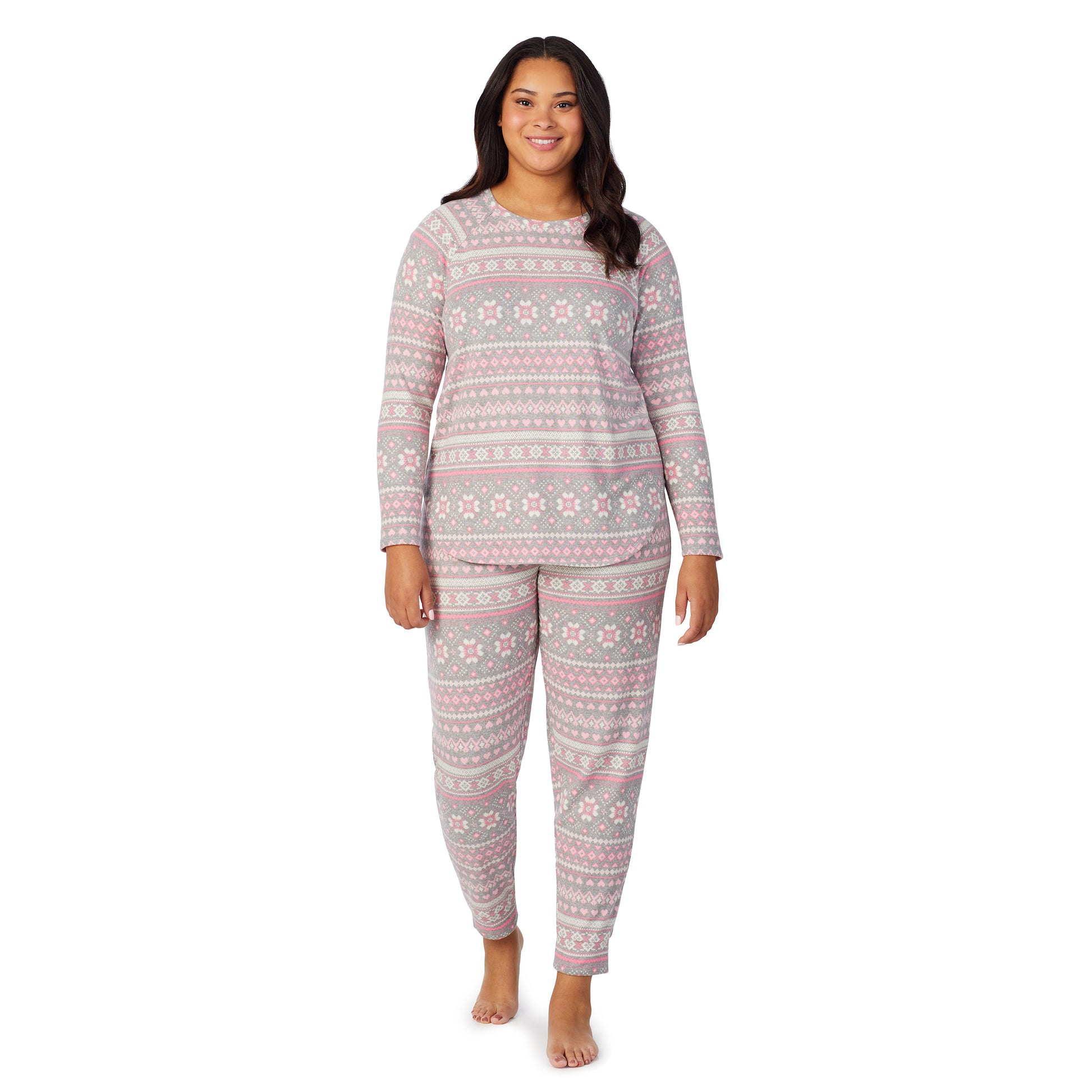 A lady wearing navy grey pink fairisle brushed sweater knit long sleeve plus pajama set.