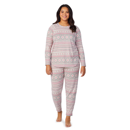 Grey Pink Fairisle;Model is wearing size 1X. She is 5'10", Bust 40", Waist 33", Hips 47"@A lady wearing navy grey pink fairisle brushed sweater knit long sleeve plus pajama set.