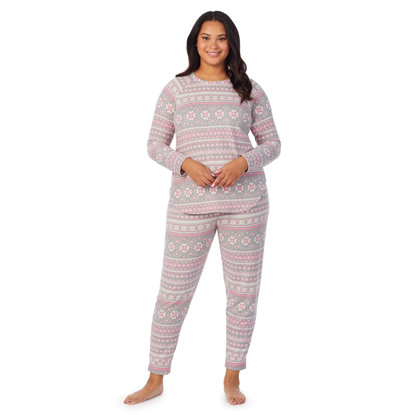 Grey Pink Fairisle;Model is wearing size 1X. She is 5'10", Bust 40", Waist 33", Hips 47"@A lady wearing navy grey pink fairisle brushed sweater knit long sleeve plus pajama set.