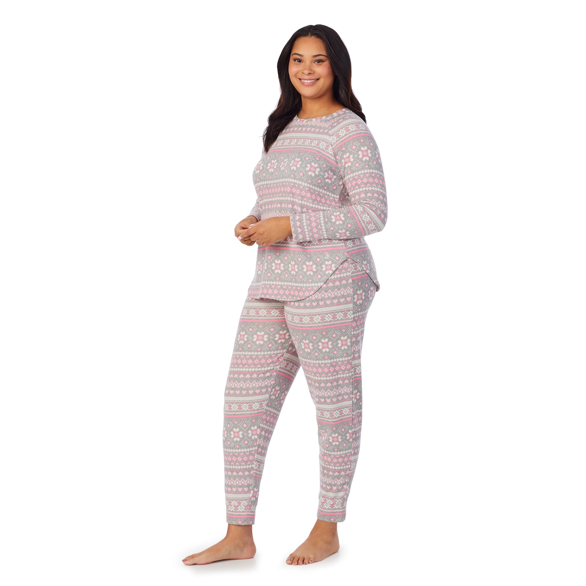 A lady wearing navy grey pink fairisle brushed sweater knit long sleeve plus pajama set.