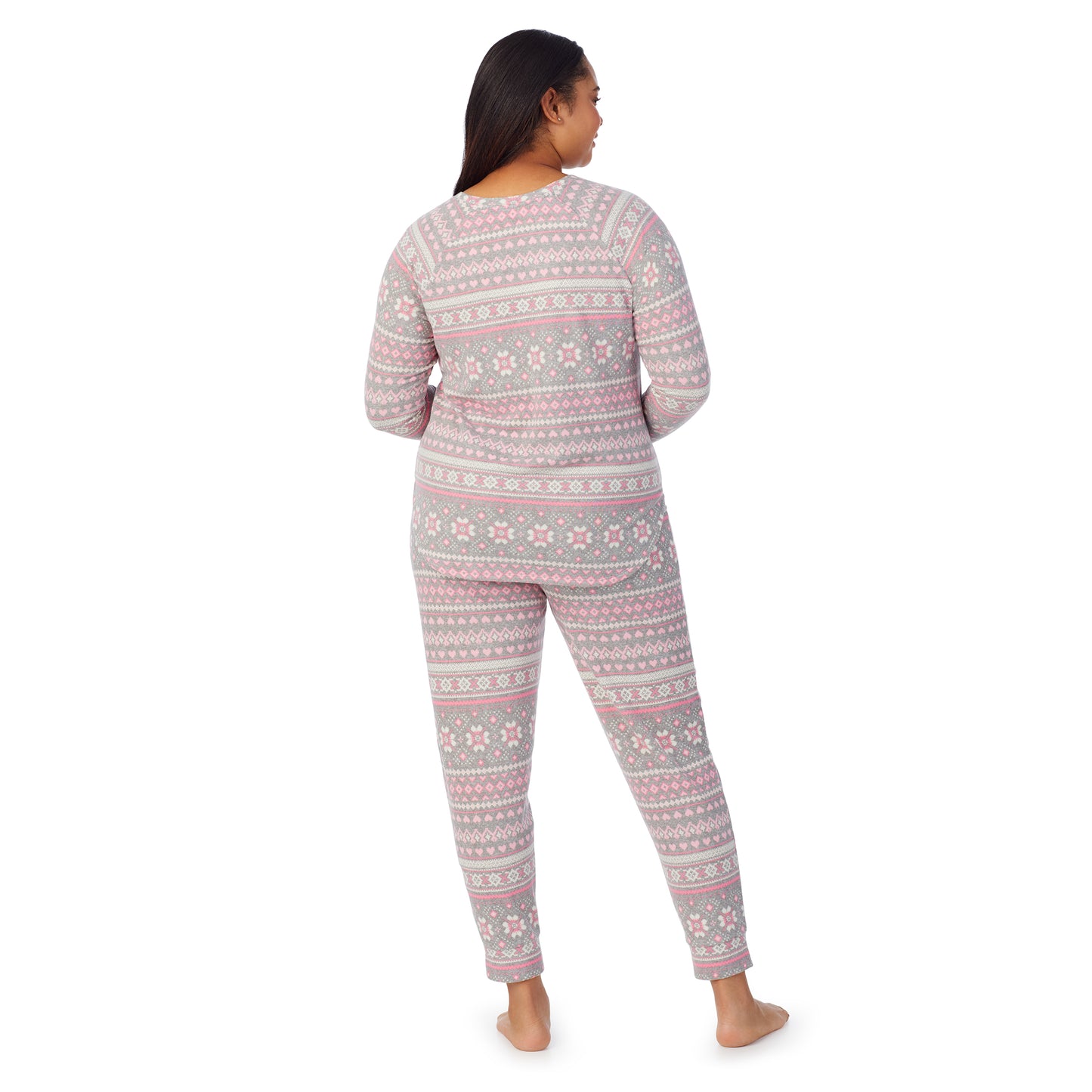 Grey Pink Fairisle;Model is wearing size 1X. She is 5'10", Bust 40", Waist 33", Hips 47"@A lady wearing navy grey pink fairisle brushed sweater knit long sleeve plus pajama set.