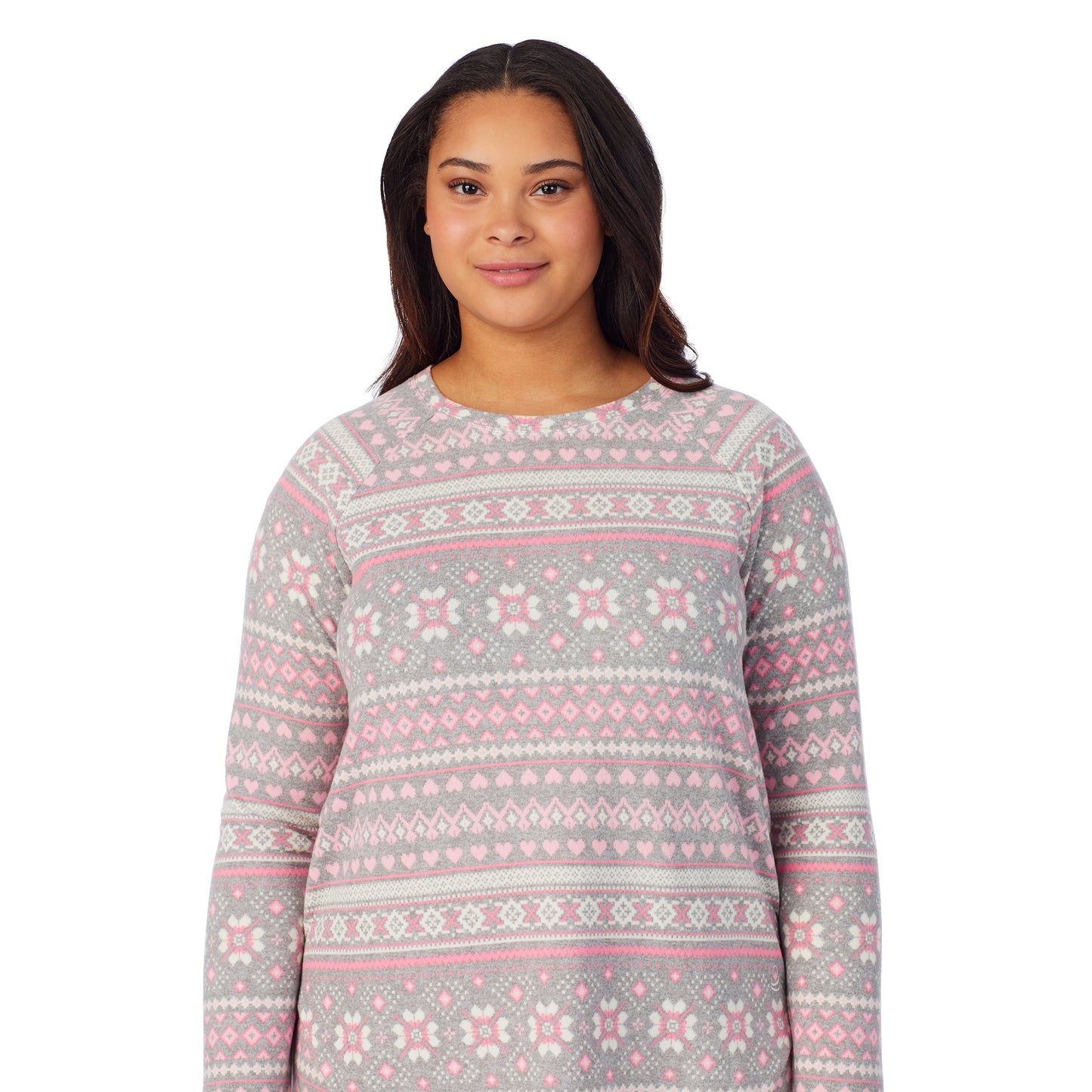 Grey Pink Fairisle;Model is wearing size 1X. She is 5'10", Bust 40", Waist 33", Hips 47"@A lady wearing navy grey pink fairisle brushed sweater knit long sleeve plus pajama set.