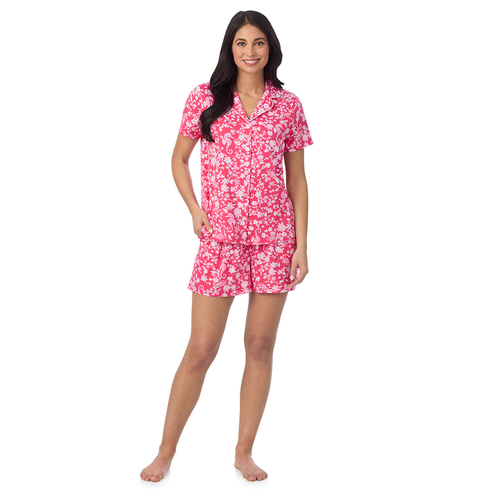 A lady wearing Cotton-Blend Short Sleeve Notch Collar with Short 2-Pc Pajama Set in Seahorse posing front view pose