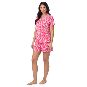  A lady wearing Cotton-Blend Short Sleeve Notch Collar with Short 2-Pc Pajama Set in Seahorse posing side angle view pose