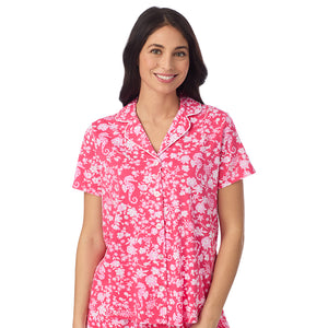  A lady wearing Cotton-Blend Short Sleeve Notch Collar with Short 2-Pc Pajama Set in Seahorse posing close up view pose