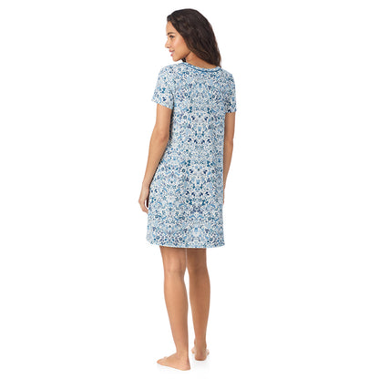 Blue Woodland; Model is wearing size S. She is 5’9”, Bust 34”, Waist 23”, Hips 35”..@A lady wearing a Woodland Cotton Rich Short Sleeve Sleepshirt 
