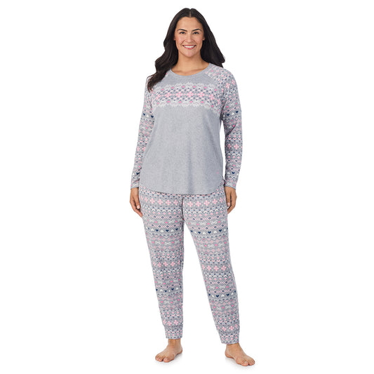 A lady wearing a Grey Fair Isle Brushed Sweater Knit Long Sleeve Pajama Set PLUS