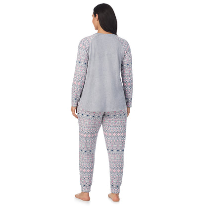 Grey Pink Fairisle; Model is wearing size 1X. She is 5'10", Bust 40", Waist 33", Hips 47".@A lady wearing a Grey Fair Isle Brushed Sweater Knit Long Sleeve Pajama Set PLUS
