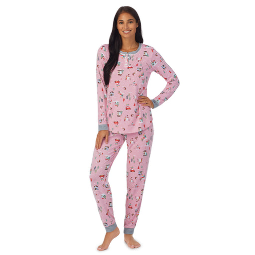 A lady wearing  Pink Scenery Long Sleeve Henley Pajama Set