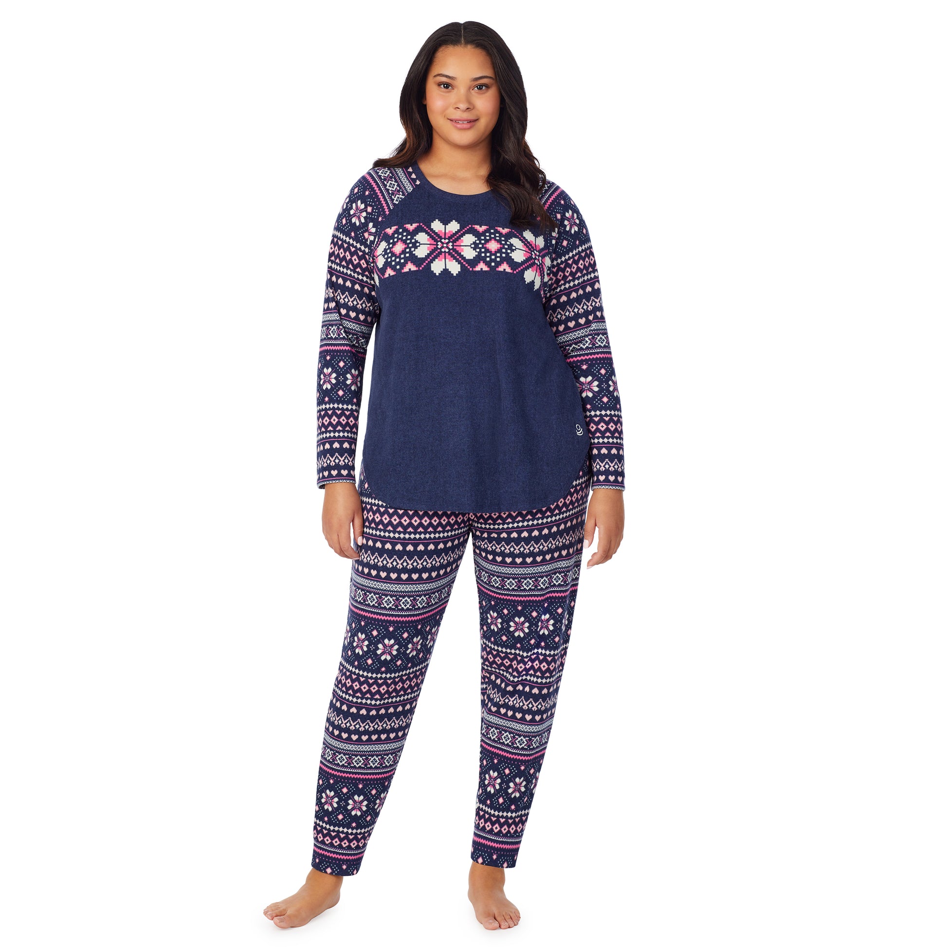 A lady wearing navy pink fairisle brushed sweater knit long sleeve plus pajama set. 