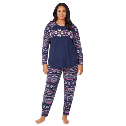 Navy Pink Fairisle;Model is wearing size 1X. She is 5'10", Bust 40", Waist 33", Hips 47"@A lady wearing navy pink fairisle brushed sweater knit long sleeve plus pajama set. 