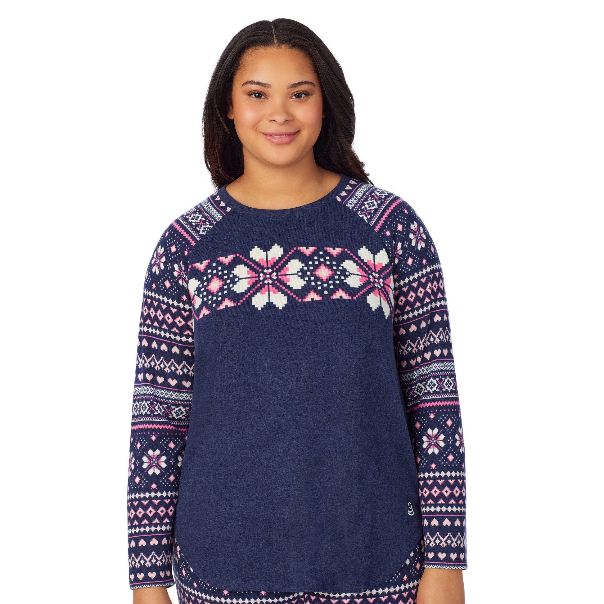 A lady wearing navy pink fairisle brushed sweater knit long sleeve plus pajama set.