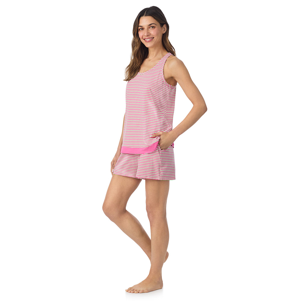 A lady wearing Cotton-Blend Tank with Short 2-Pc Pajama Set in Pink Stripe posing side angle view pose